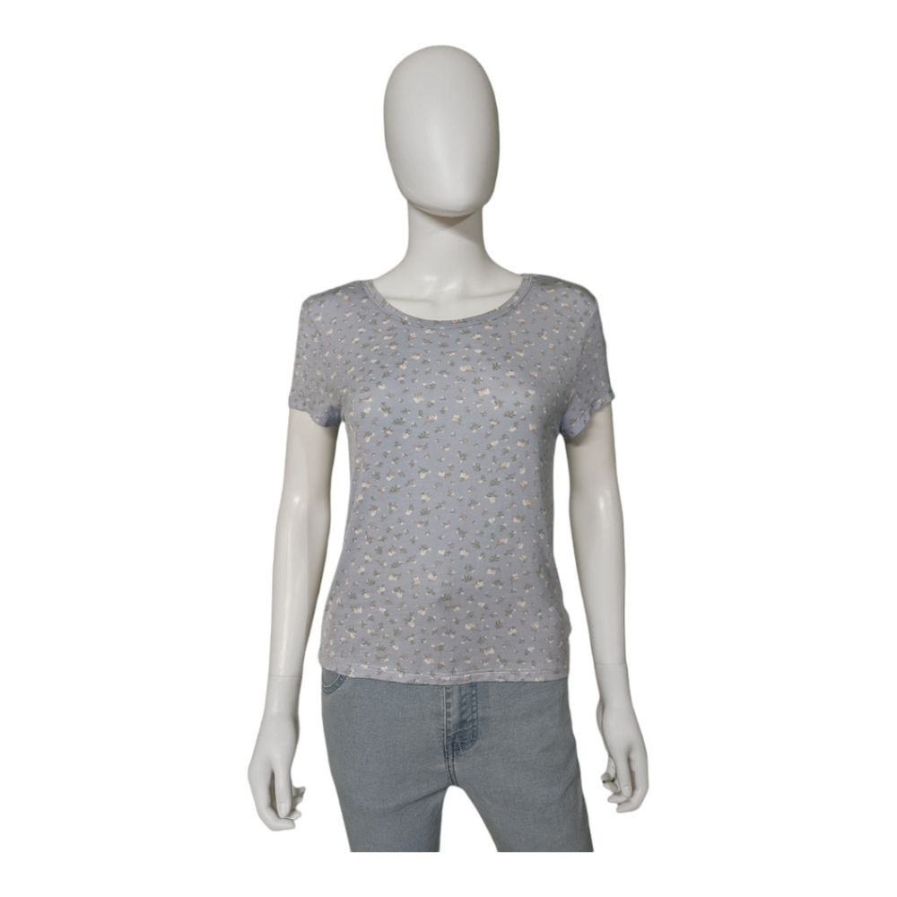 Hippie Rose Abstract Floral Short Sleeve Tee Ivory Blue Combo XL